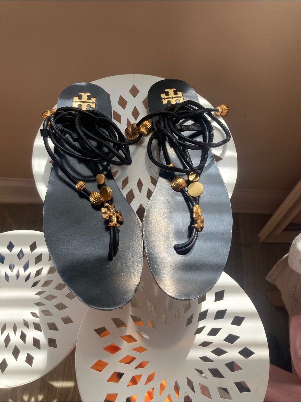Tory Burch Black Leather Lace-Up Sandals with Gold Bead Accents